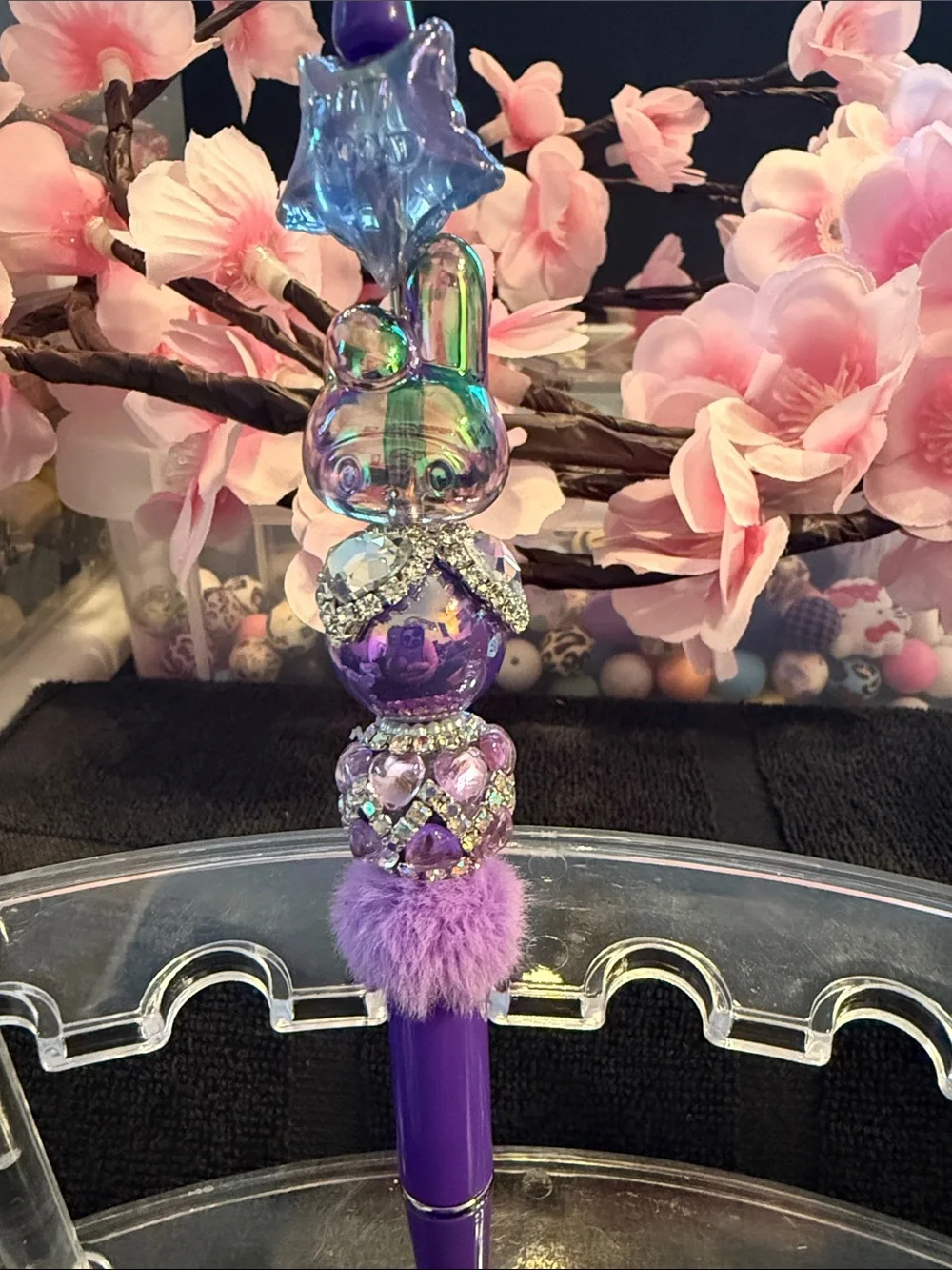 Purple Decorative Star Bunny Gel Pen with Pom Pom Accent